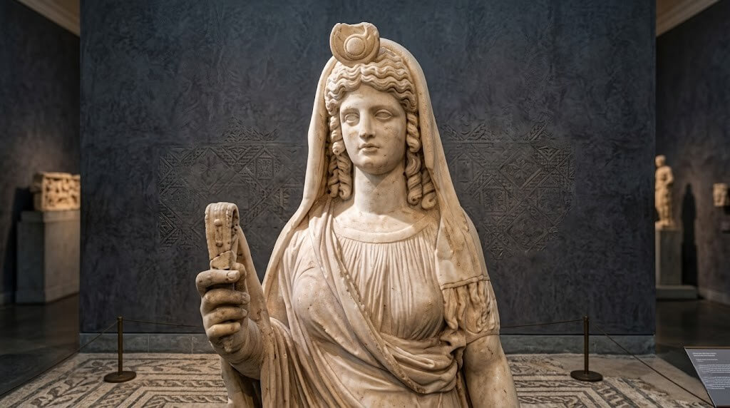 Marble statue of a veiled woman holding a scroll, displayed in a museum gallery.