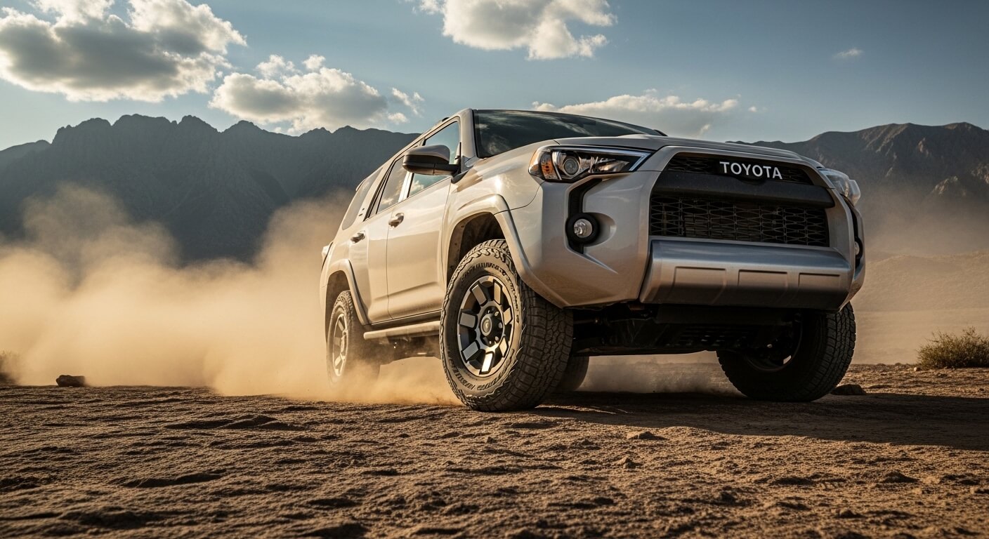 Silver Toyota SUV driving off-road on dusty terrain with mountains and cloudy sky in the background