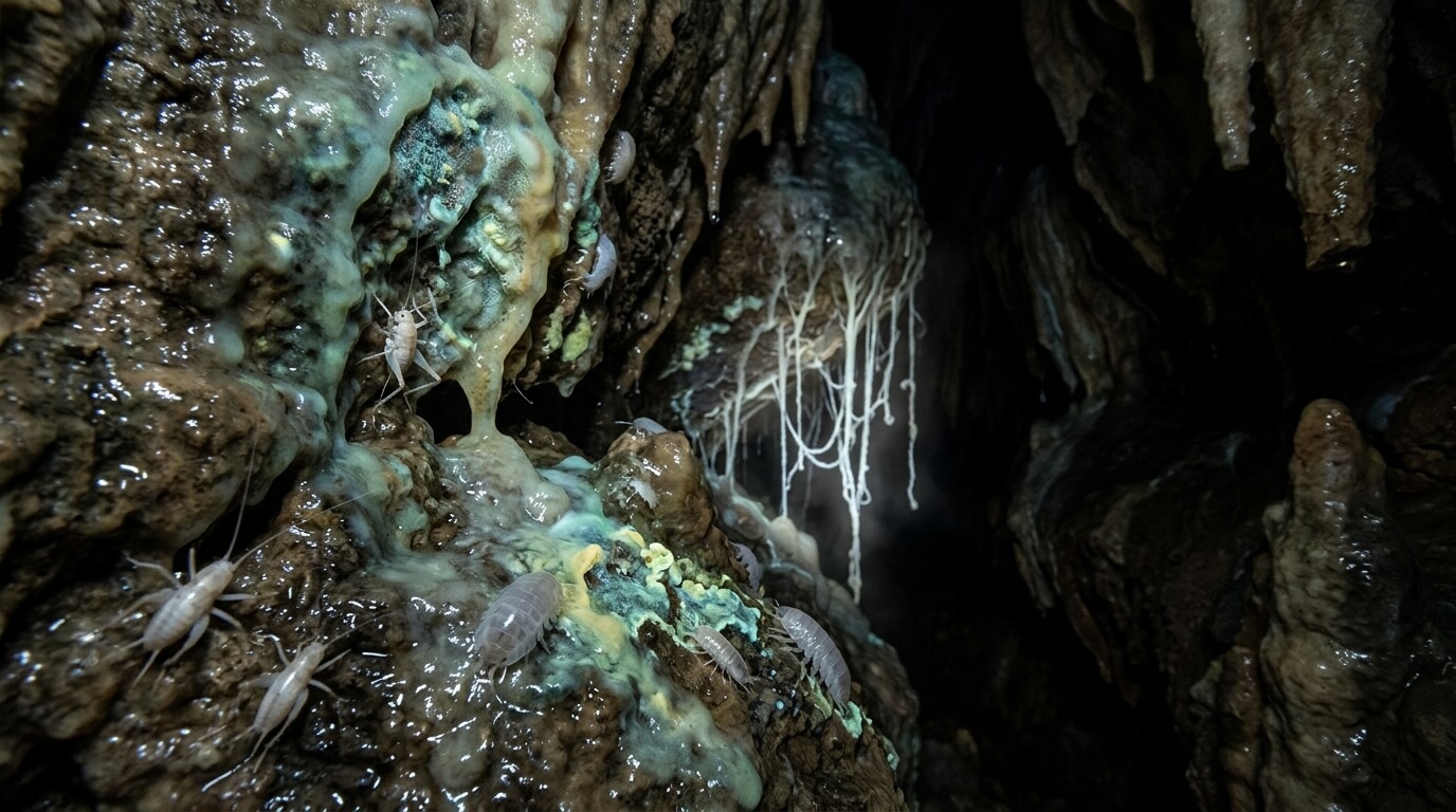 Cave isopods on wet, mineral-coated rock formations inside a dark cave with hanging stalactites.
