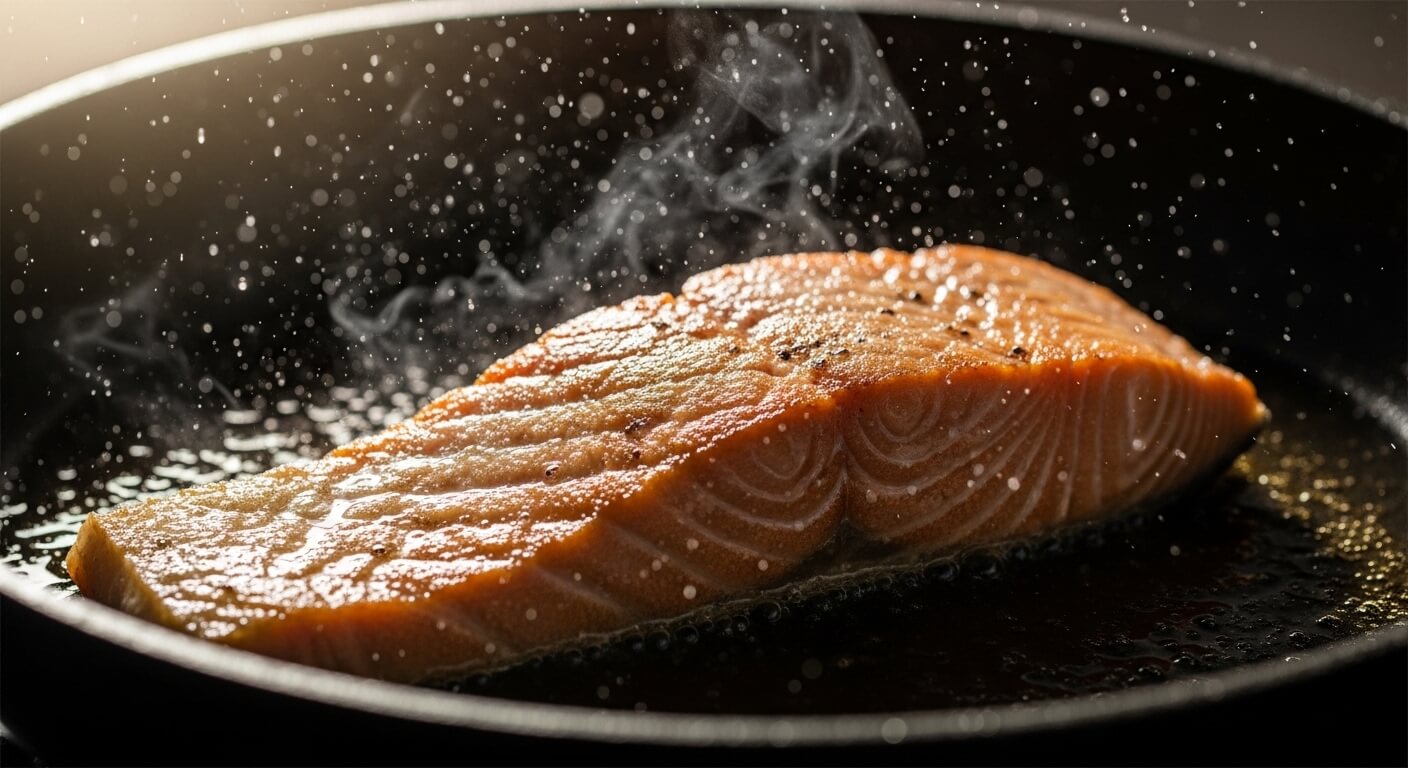 Salmon fillet sizzling and steaming in a black frying pan with seasoning.