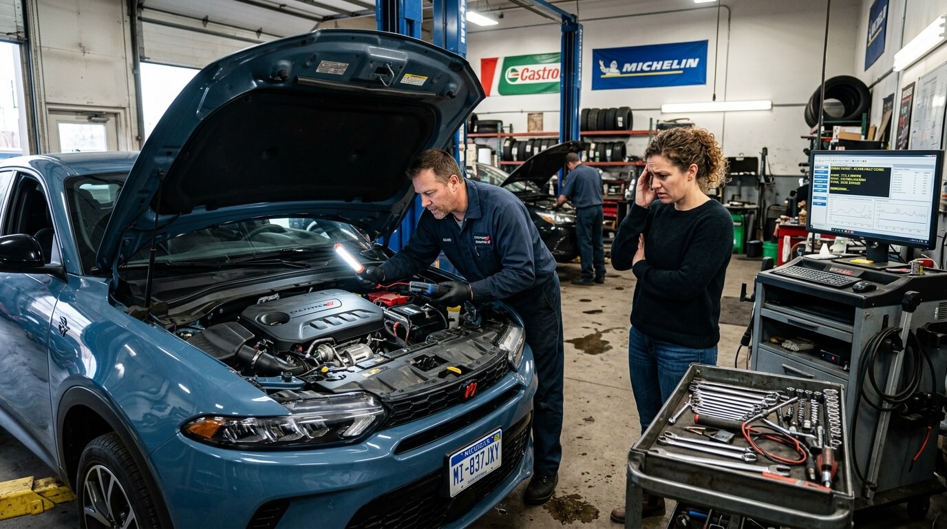 Mechanic inspecting engine of blue Dodge vehicle while concerned woman watches in auto repair shop with Castrol and Michelin signs.