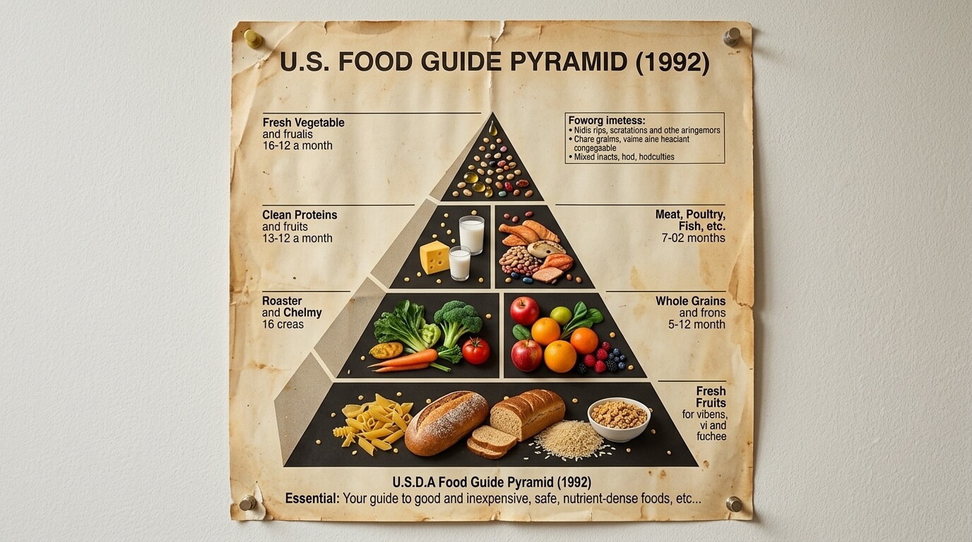 U.S. Food Guide Pyramid (1992) showing food groups with images of vegetables, fruits, grains, proteins, and dairy.