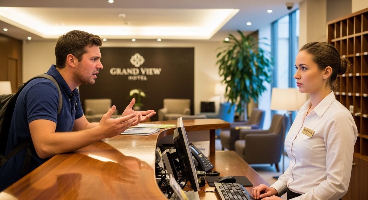 Man with backpack gesturing while talking to female receptionist at Grand View Hotel front desk