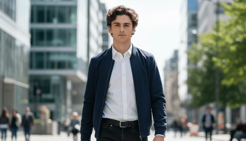 Young man in a navy jacket and white shirt walking on a city street with blurred pedestrians and buildings in the background