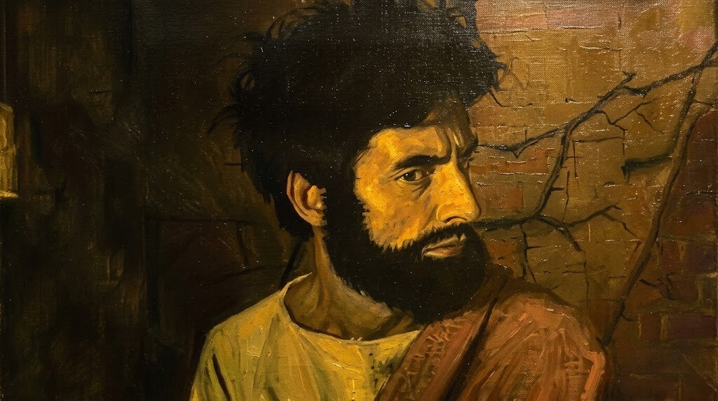 Portrait of a bearded man with dark hair wearing a robe against a cracked wall background.