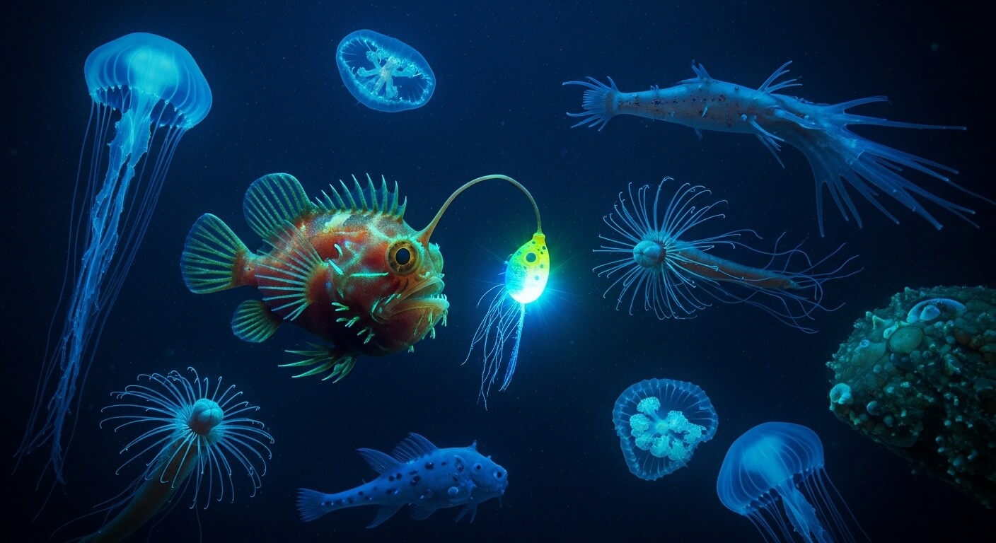 Bioluminescent deep-sea anglerfish surrounded by glowing jellyfish and marine creatures in dark ocean water.