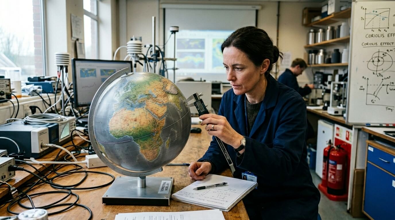 Scientist measuring a globe with calipers in a laboratory with scientific equipment and Coriolis effect diagrams.