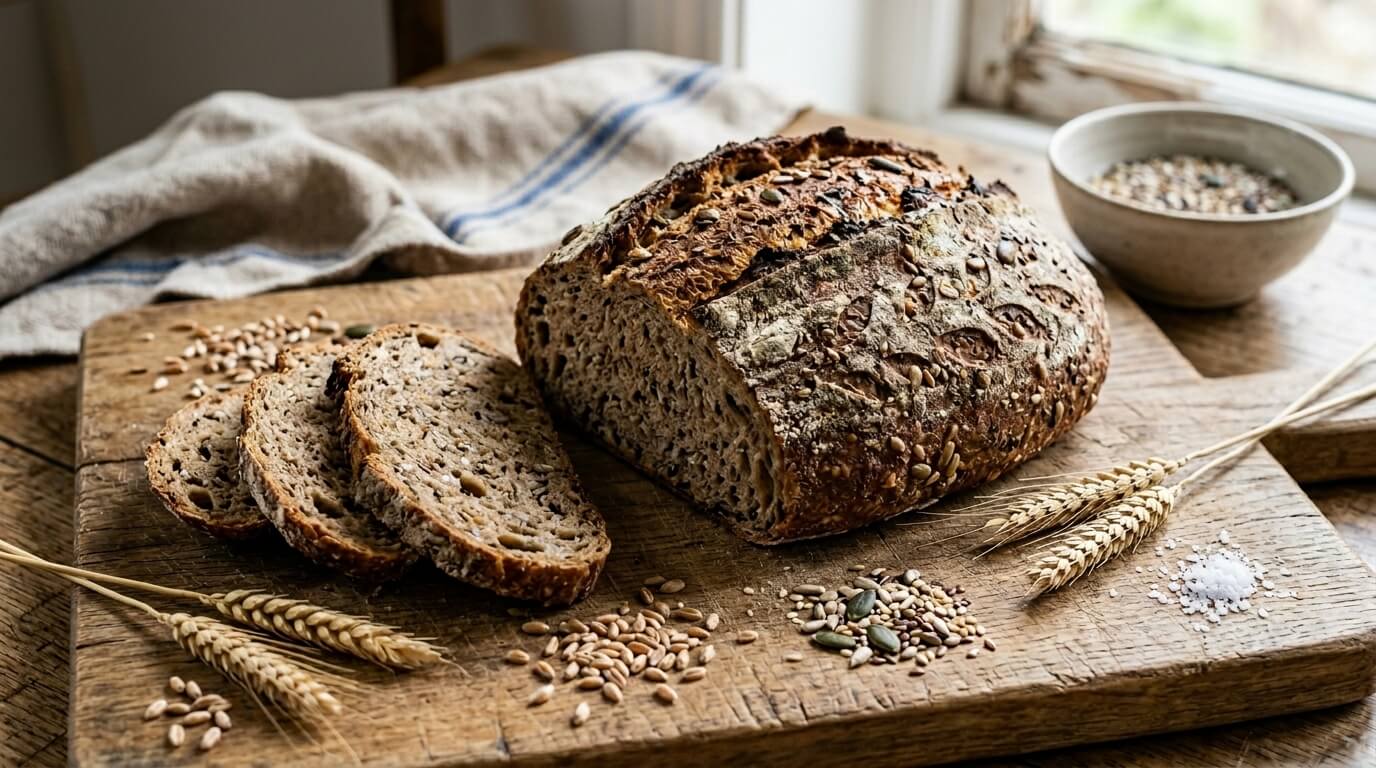 Sliced multigrain bread loaf on wooden board with scattered seeds, wheat stalks, and a bowl of grains nearby.
