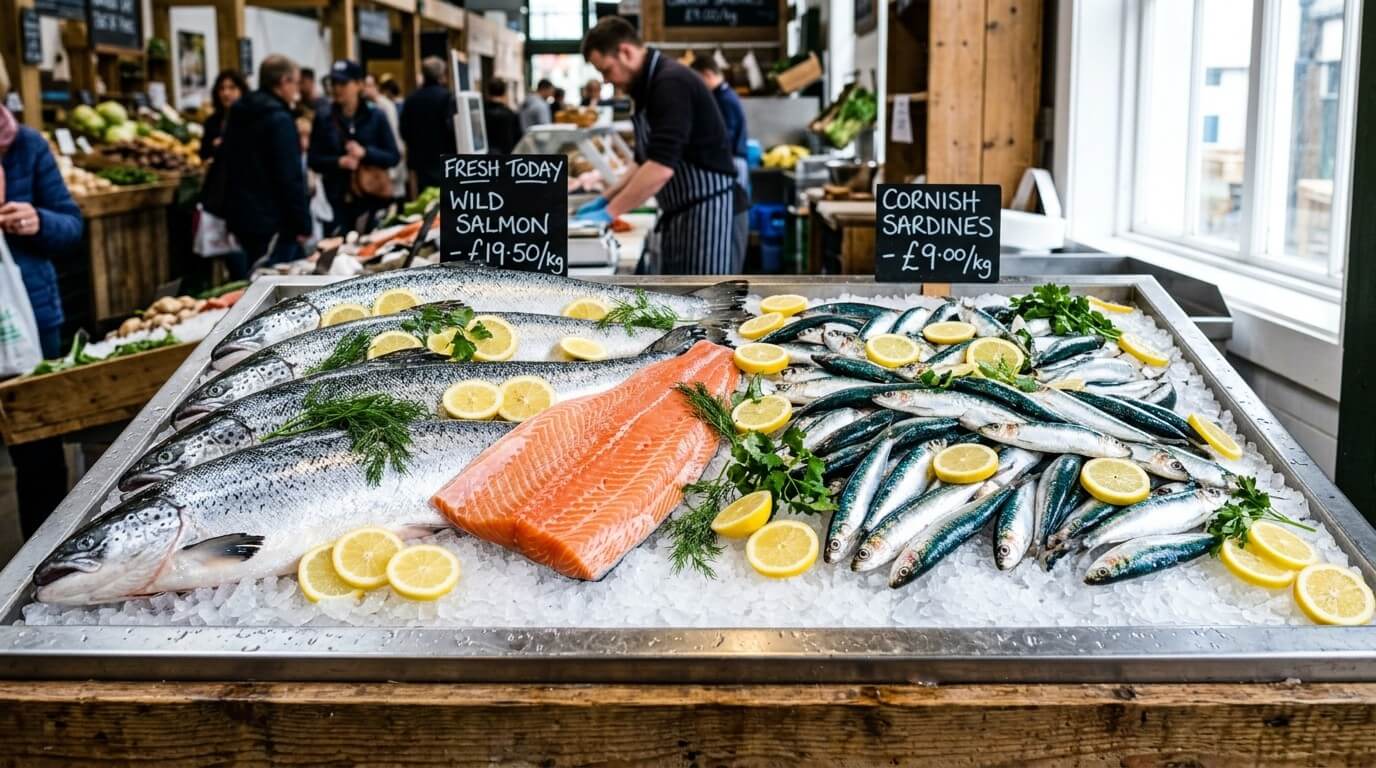 Fresh wild salmon and Cornish sardines on ice with lemon slices at a market fish stall