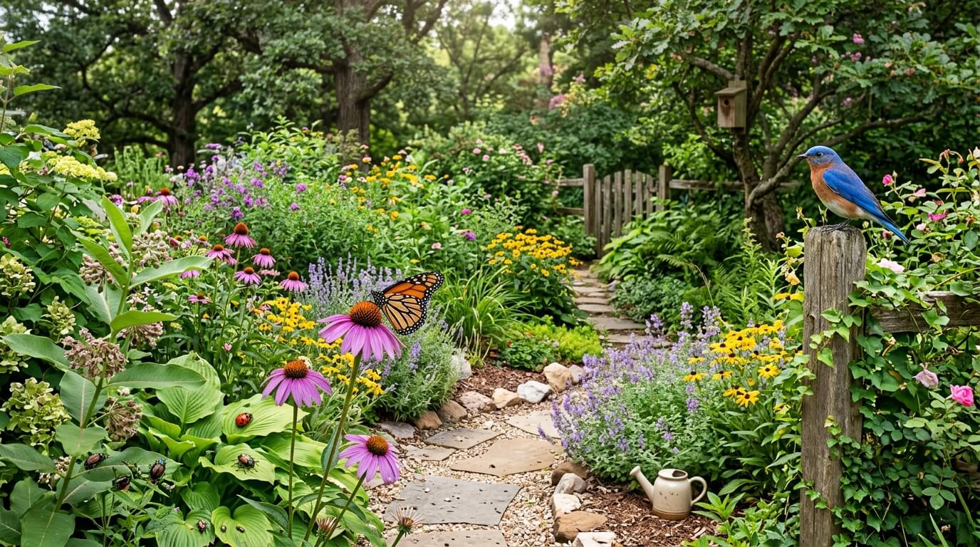Monarch butterfly on purple coneflower and bluebird perched on wooden post in colorful garden with stone path and watering can.