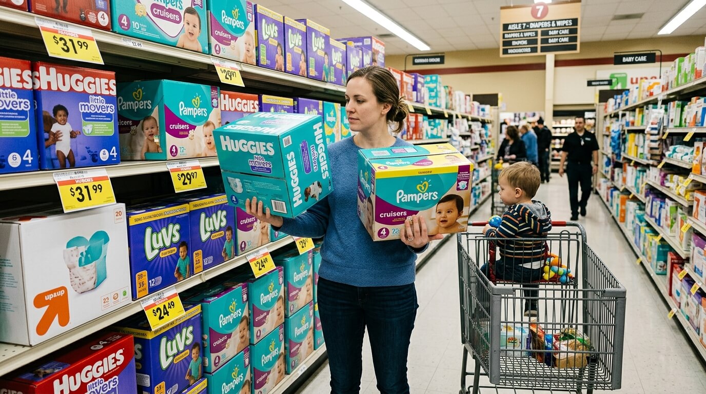 Woman comparing Huggies and Pampers diaper boxes while shopping with a toddler in a cart in a store aisle.