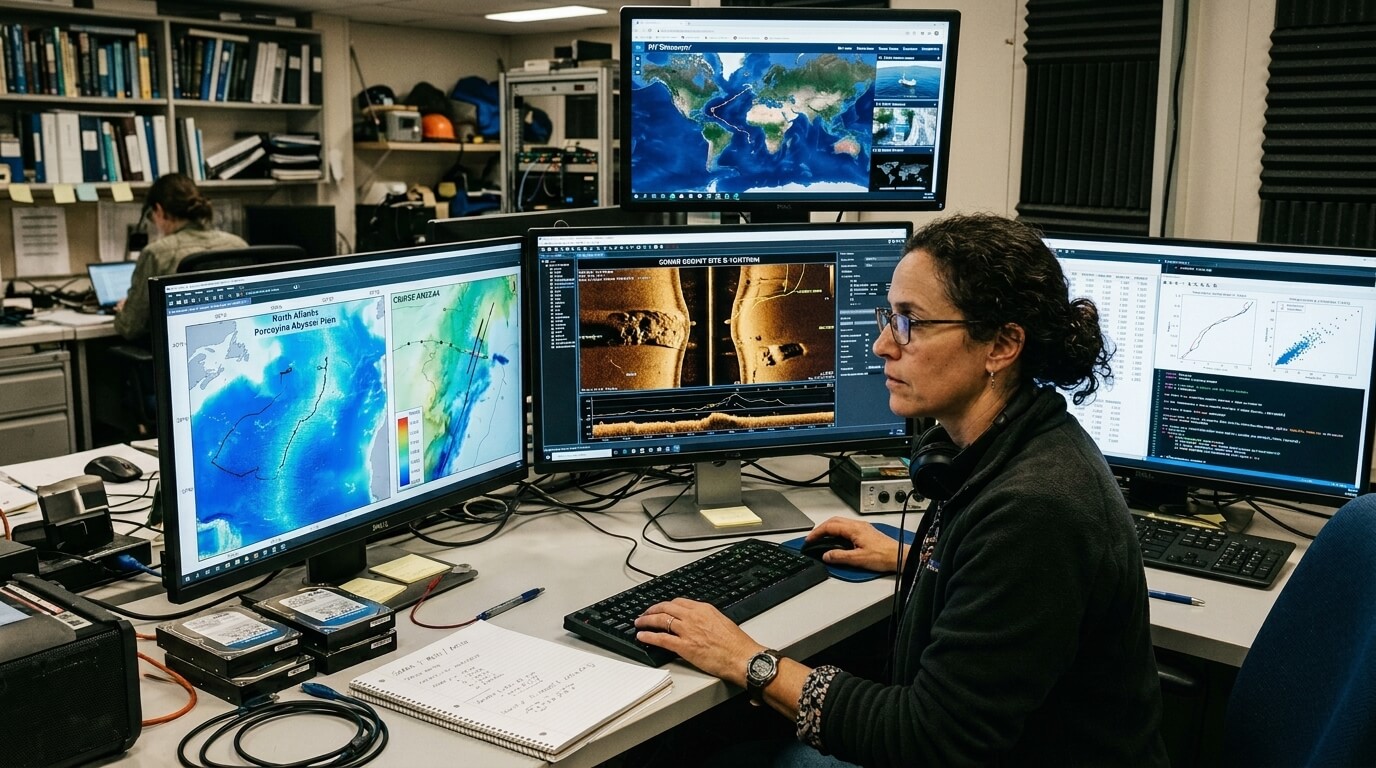 Scientist analyzing oceanographic maps and sonar data on multiple monitors in a research lab.
