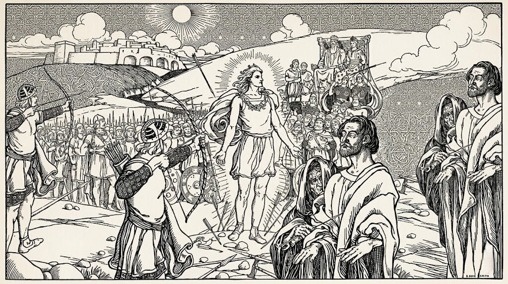 Medieval archers aiming at a glowing central figure surrounded by soldiers and onlookers near a castle under the sun.