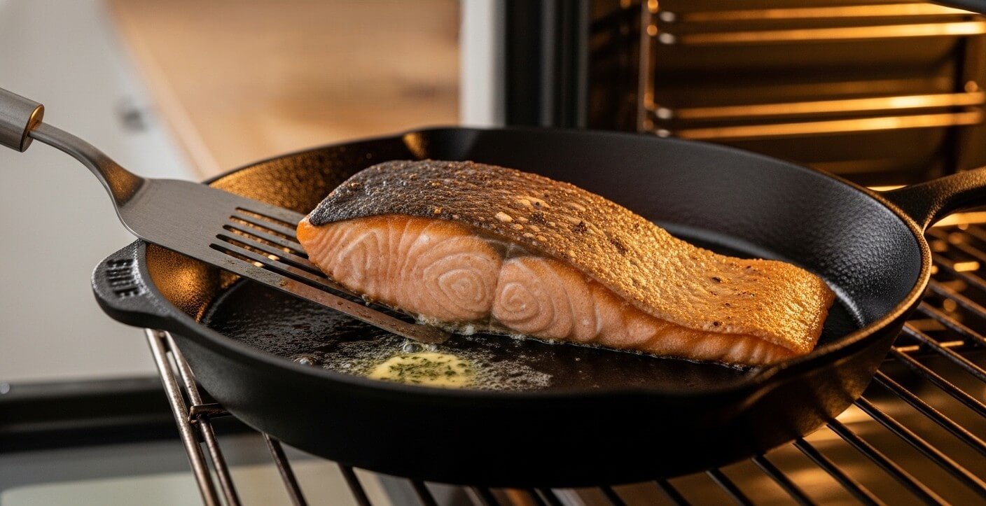 Salmon fillet with crispy skin being cooked in a cast iron skillet with melted butter.