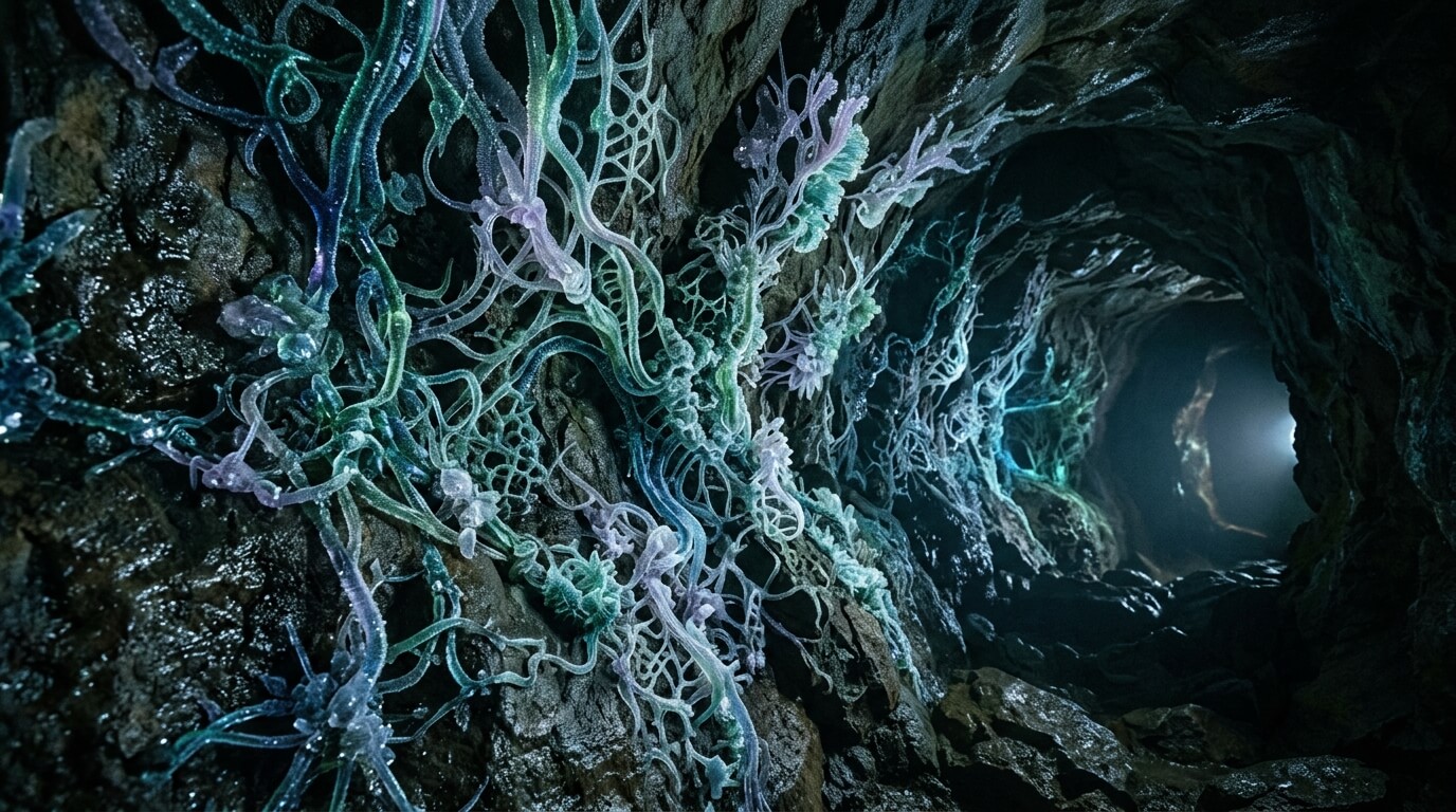 Bioluminescent blue and green coral-like formations inside a dark underwater cave tunnel.