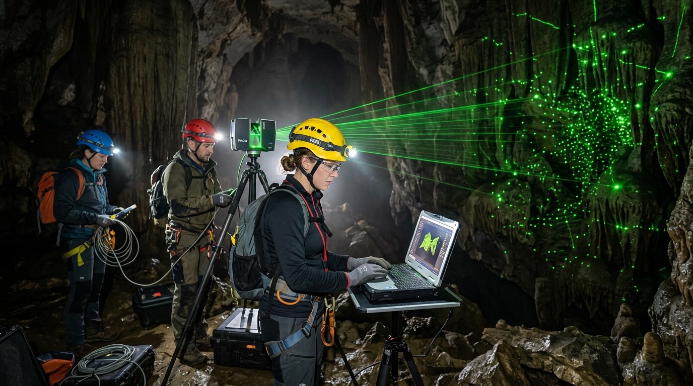 Scientists using 3D laser scanning equipment and laptop to map cave interior with green laser points on rock formations