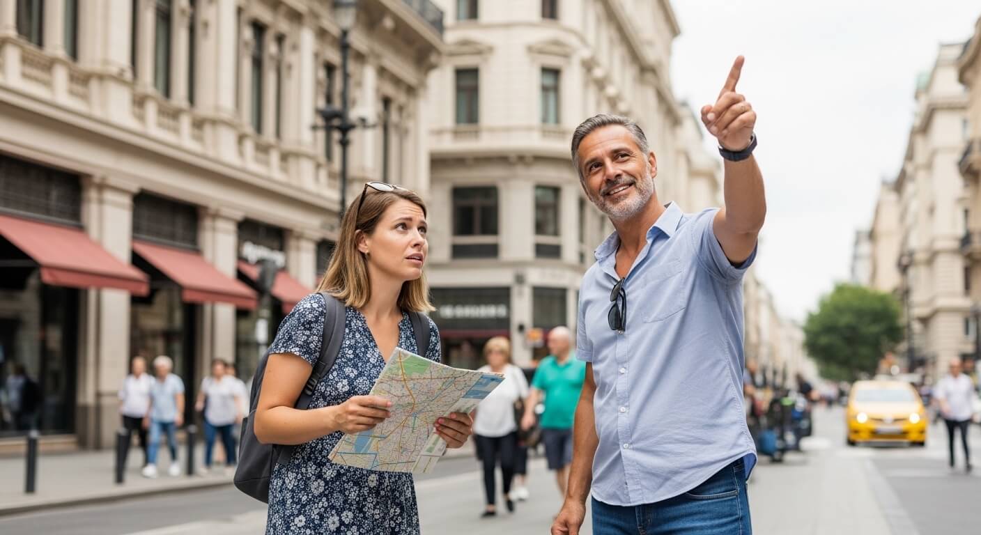 Man pointing while woman holding map looks on in urban street setting with historic buildings.
