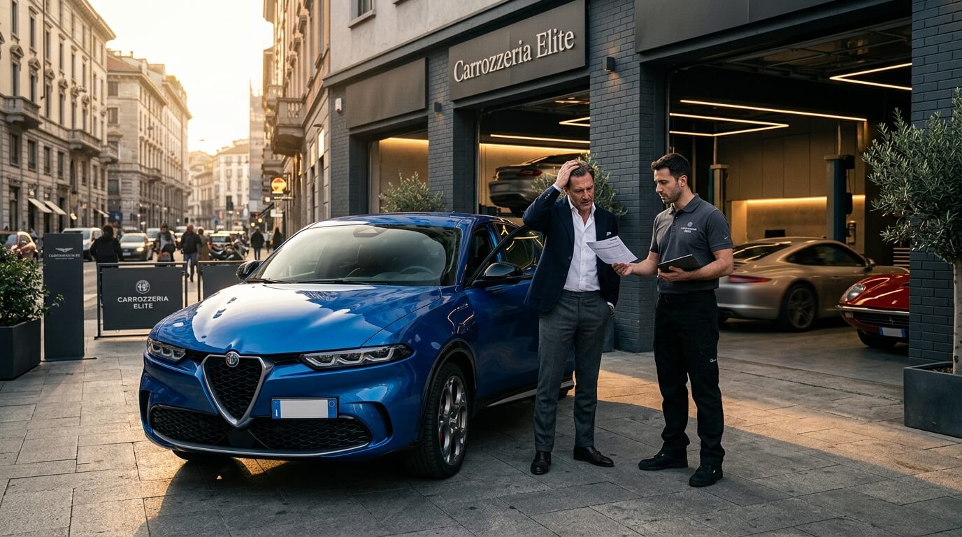 Man in suit discussing paperwork with technician outside Carrozzeria Elite next to blue Alfa Romeo SUV.