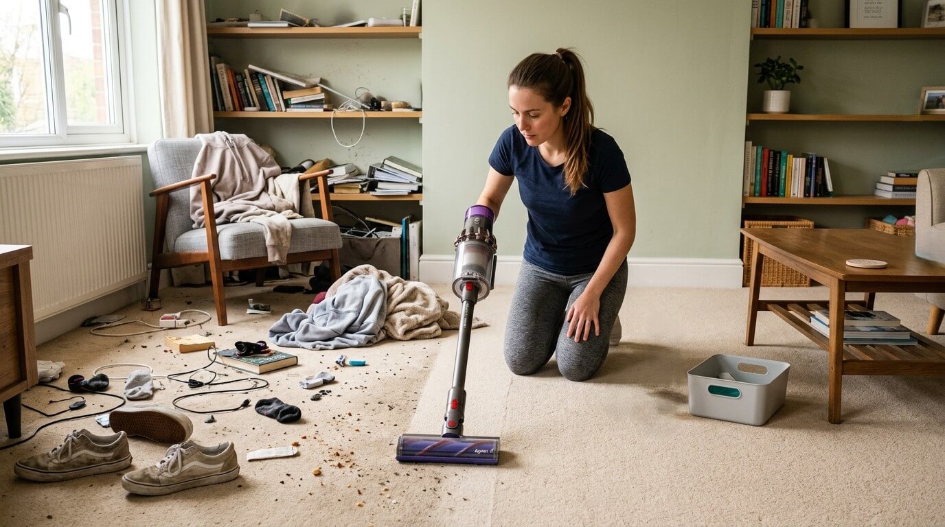 Woman using a Dyson cordless vacuum to clean a carpeted living room with scattered shoes and clothes.