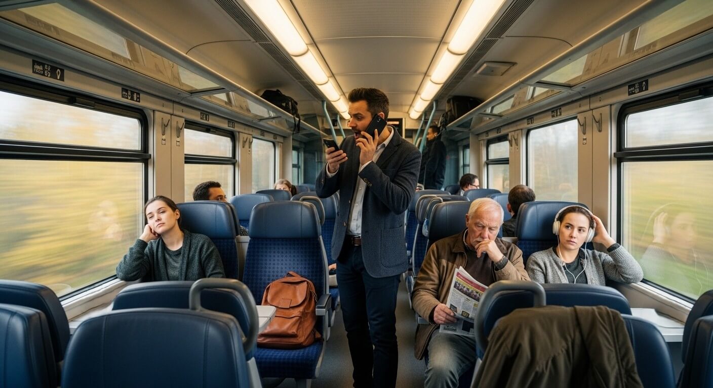 Man standing and talking on two phones simultaneously inside a moving train carriage with seated passengers around him