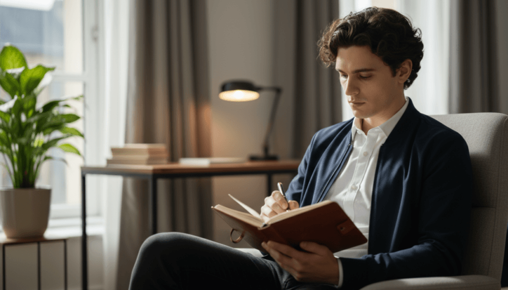 Young man in a navy jacket and white shirt writing in a notebook while sitting in a modern room with a plant and desk lamp.