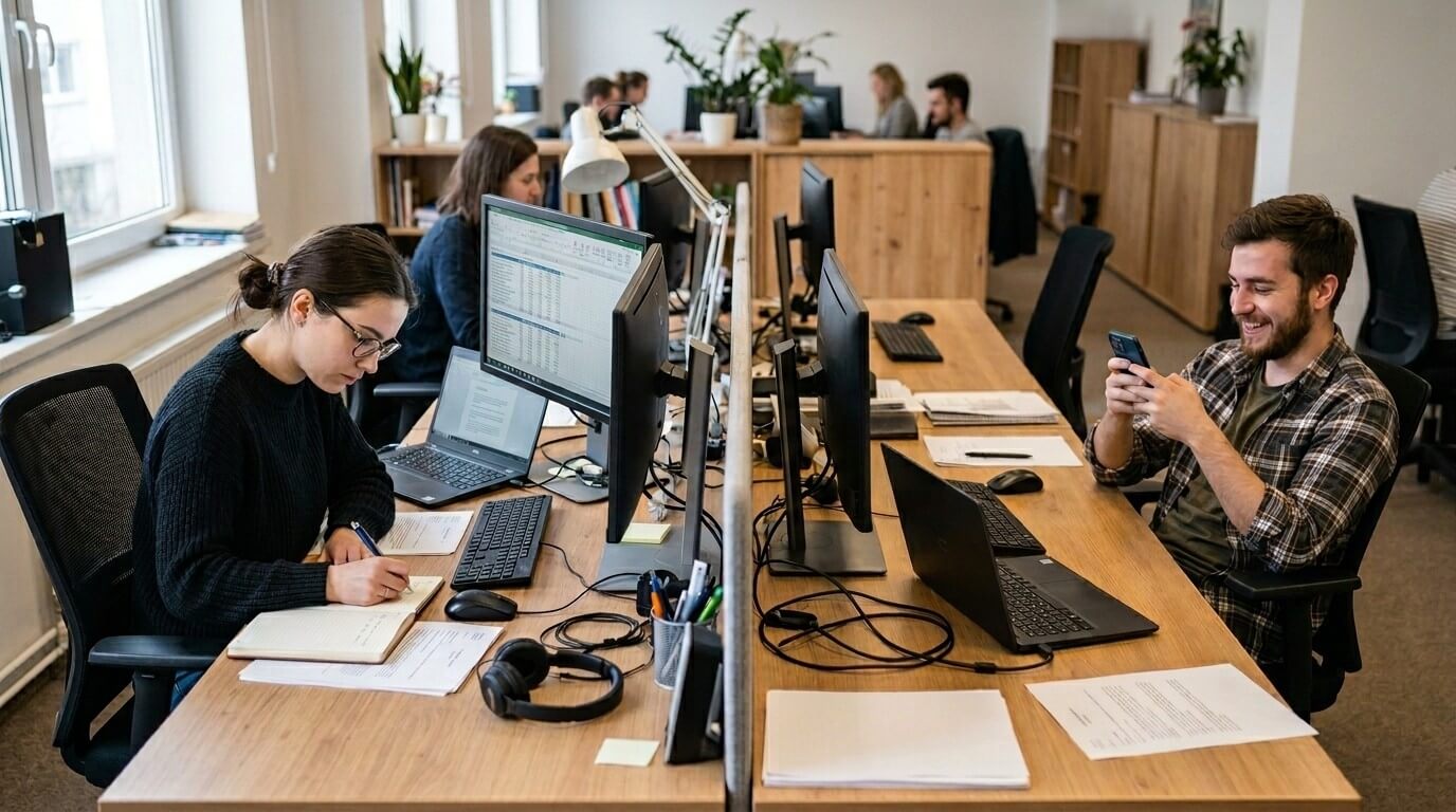 Two coworkers at a shared office desk, one writing notes and the other smiling at a smartphone.