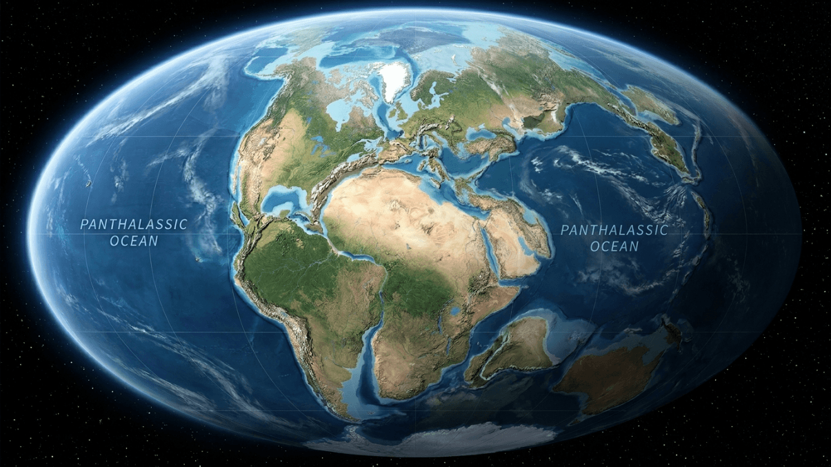 Reconstructed Earth showing supercontinent Pangaea surrounded by the Panthalassic Ocean.