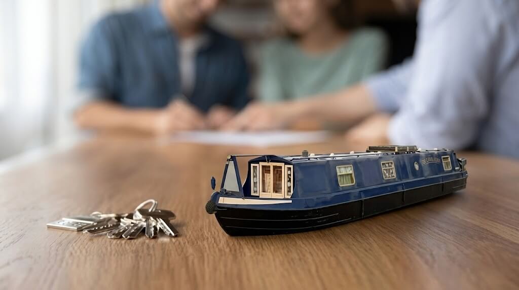 Model of a blue narrowboat and a set of keys on a table with a couple signing documents in the background