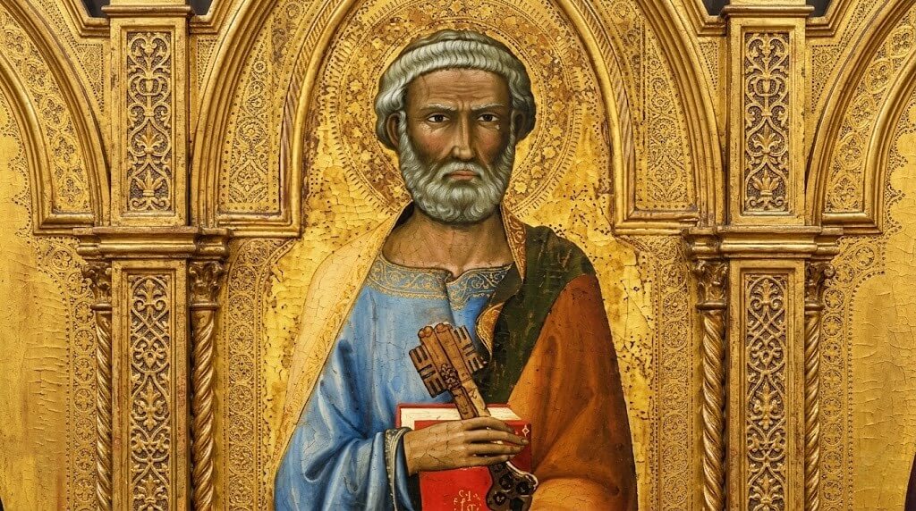 Saint Peter holding keys and a book, depicted in a medieval religious painting with gold ornate background.
