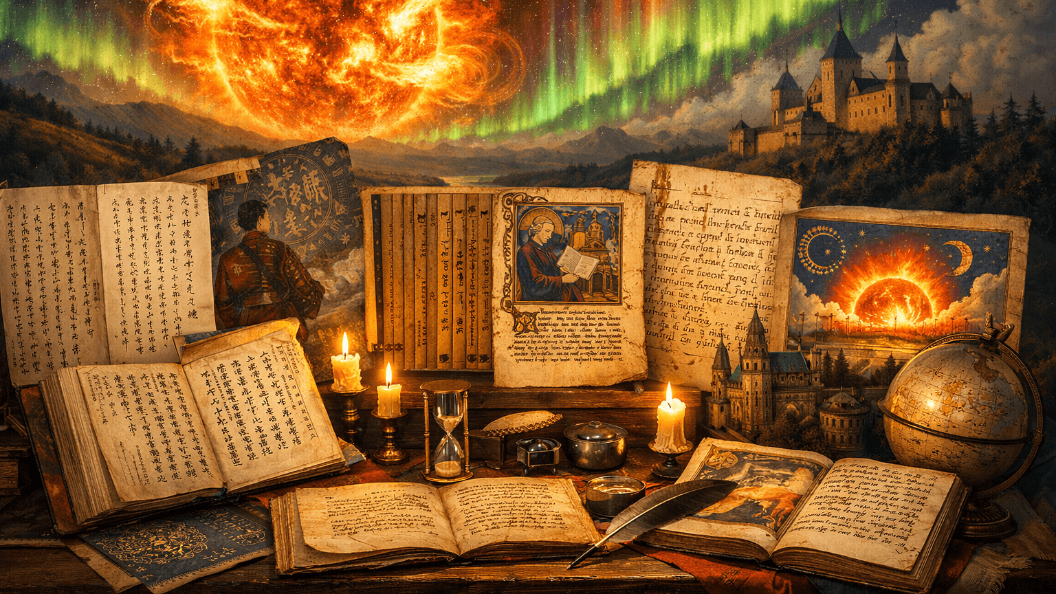 Ancient manuscripts, candles, quill, hourglass, and globe on a table with a castle and fiery sun under northern lights in the background.