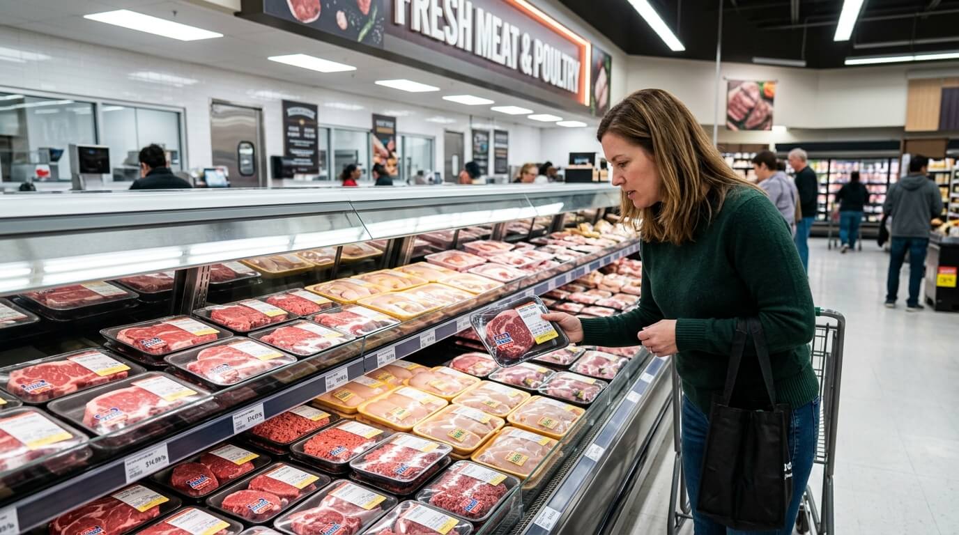 Woman in green sweater selecting packaged meat at a grocery store fresh meat and poultry section