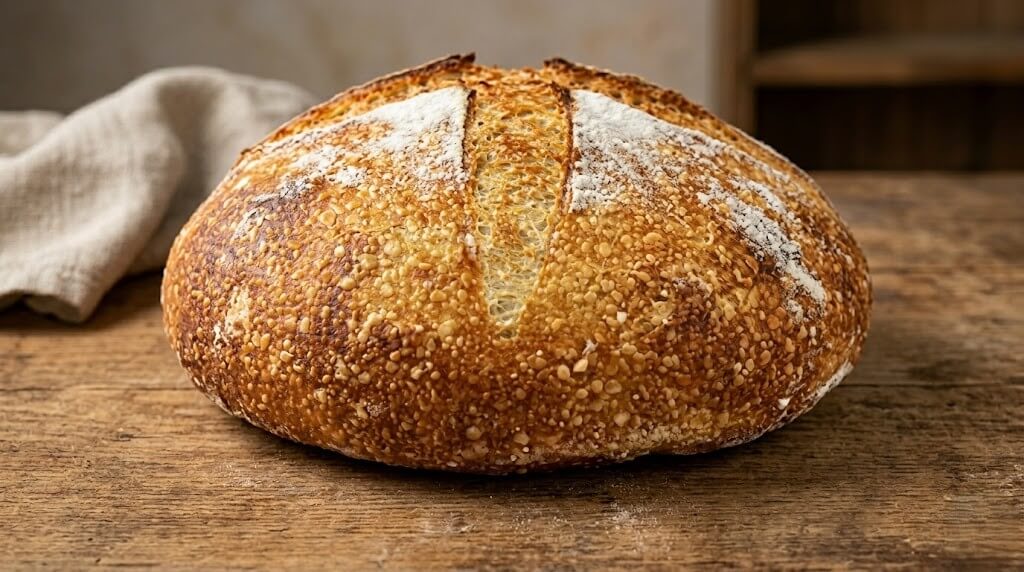 Round loaf of crusty sourdough bread with a golden-brown crust on a wooden surface