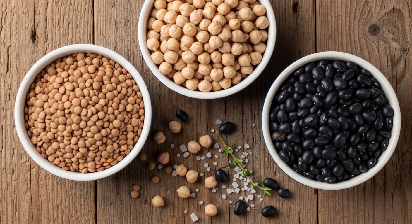Three white bowls filled with lentils, chickpeas, and black beans on a wooden surface with scattered beans, salt, and thyme.