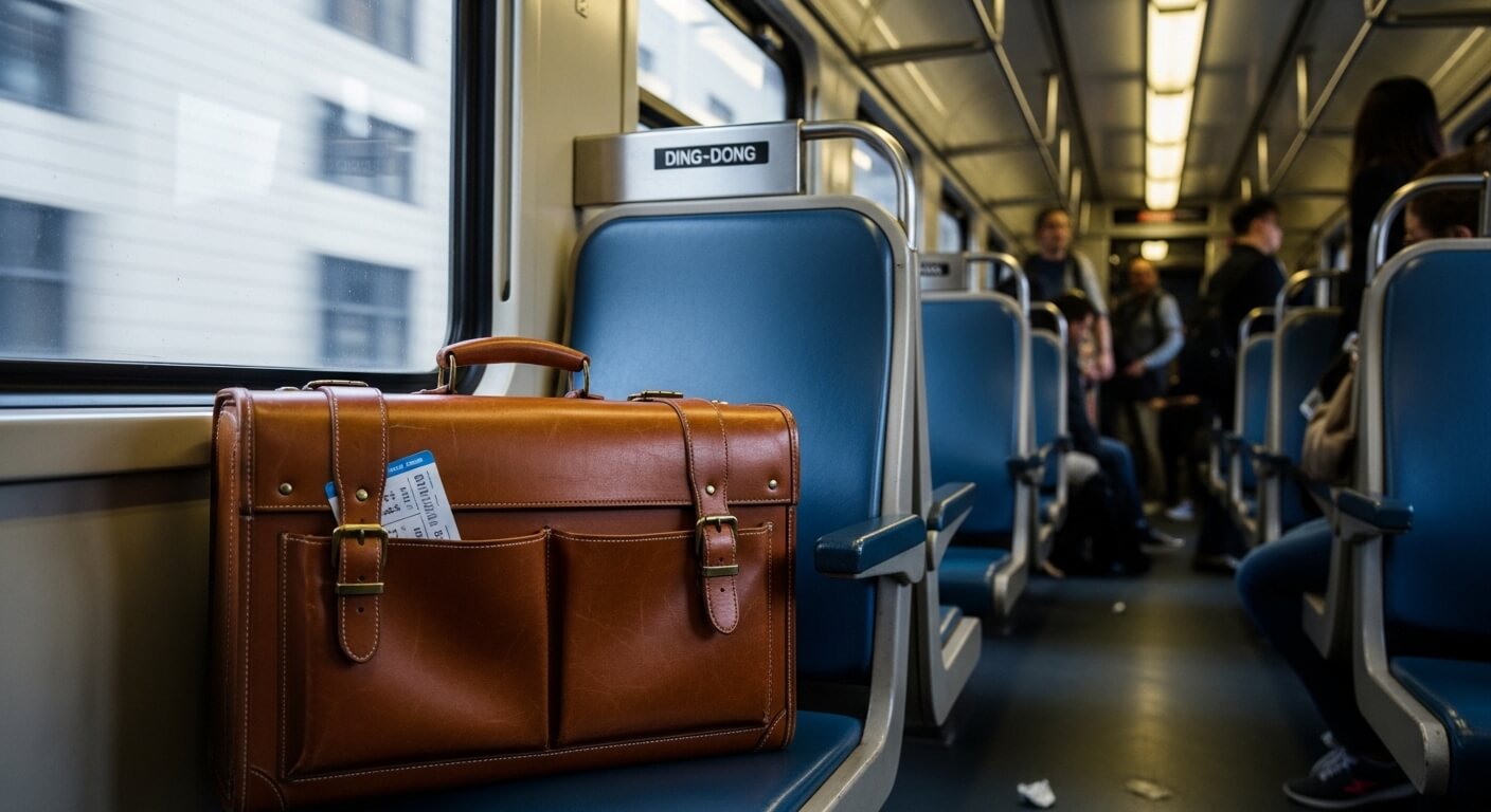Brown leather briefcase with train tickets on a blue seat inside a commuter train car with passengers in the background
