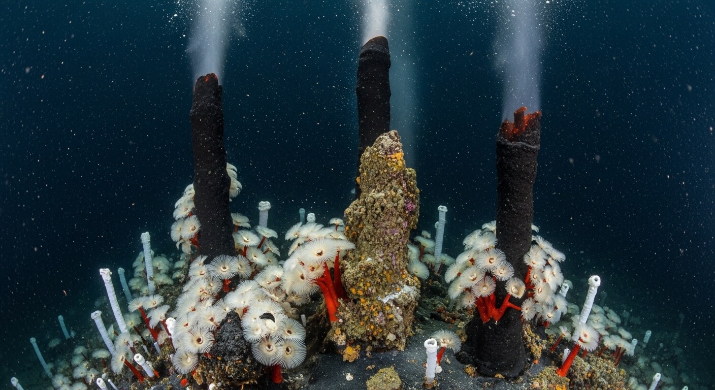 Deep-sea hydrothermal vents with white and red tube worms and mineral formations releasing steam underwater