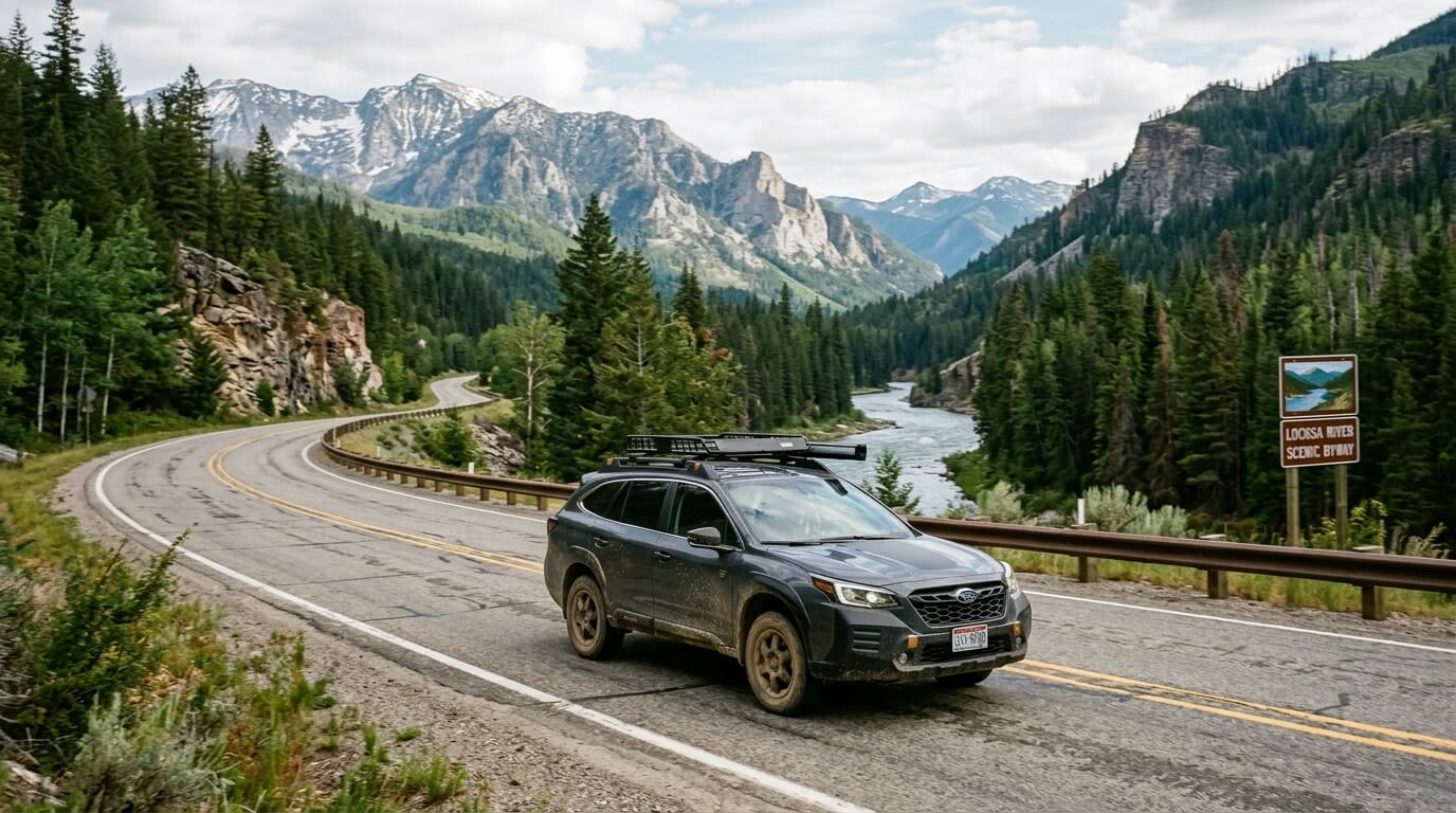 Subaru SUV driving on Loosa River Scenic Byway with mountains and river in the background