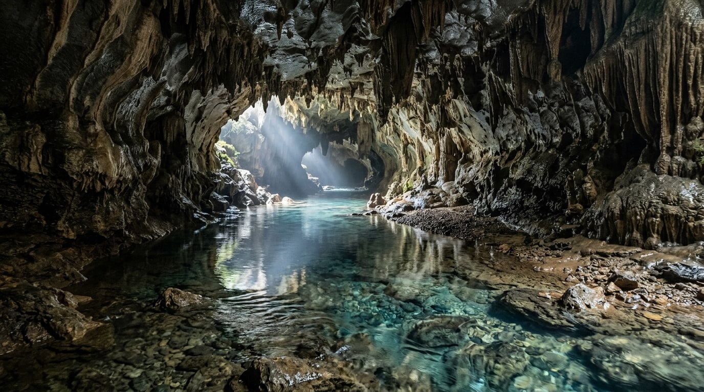 Sunlight beams illuminating a clear underground river flowing through a limestone cave with stalactites.
