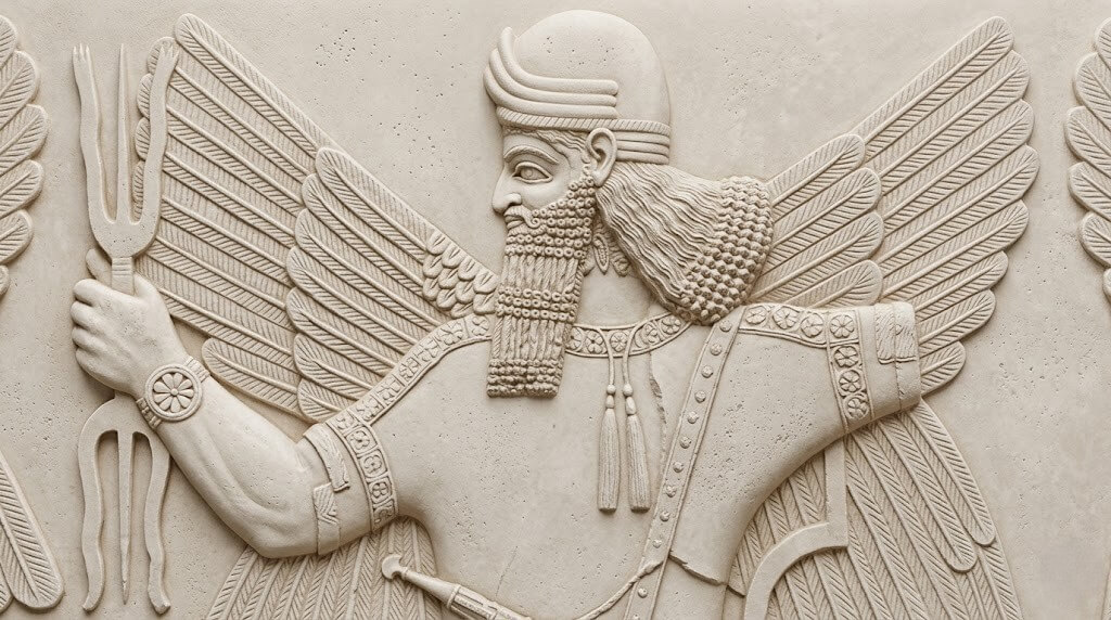 Bas-relief of a winged Assyrian figure holding a trident-like object with detailed beard and headdress.