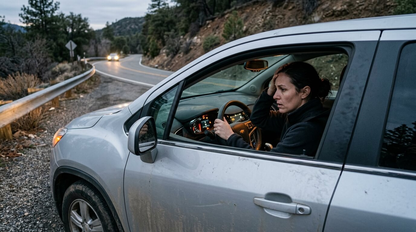 Woman sitting in a silver Chevrolet car on a roadside with a worried expression at dusk