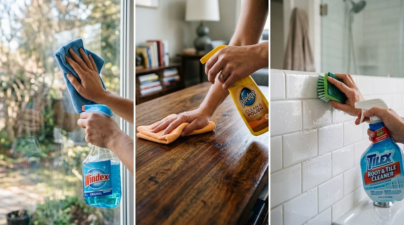 Hands cleaning a window with Windex, polishing a wooden table with Pledge, and scrubbing bathroom tiles with Tilex cleaner