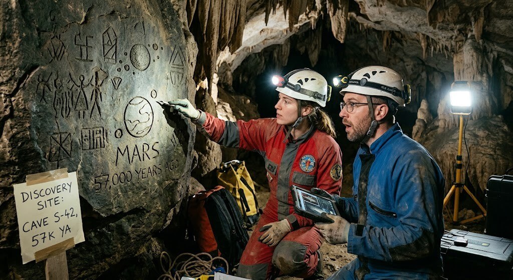 Two cave researchers in helmets examining ancient carvings mentioning Mars and 57,000 years ago inside a cave.