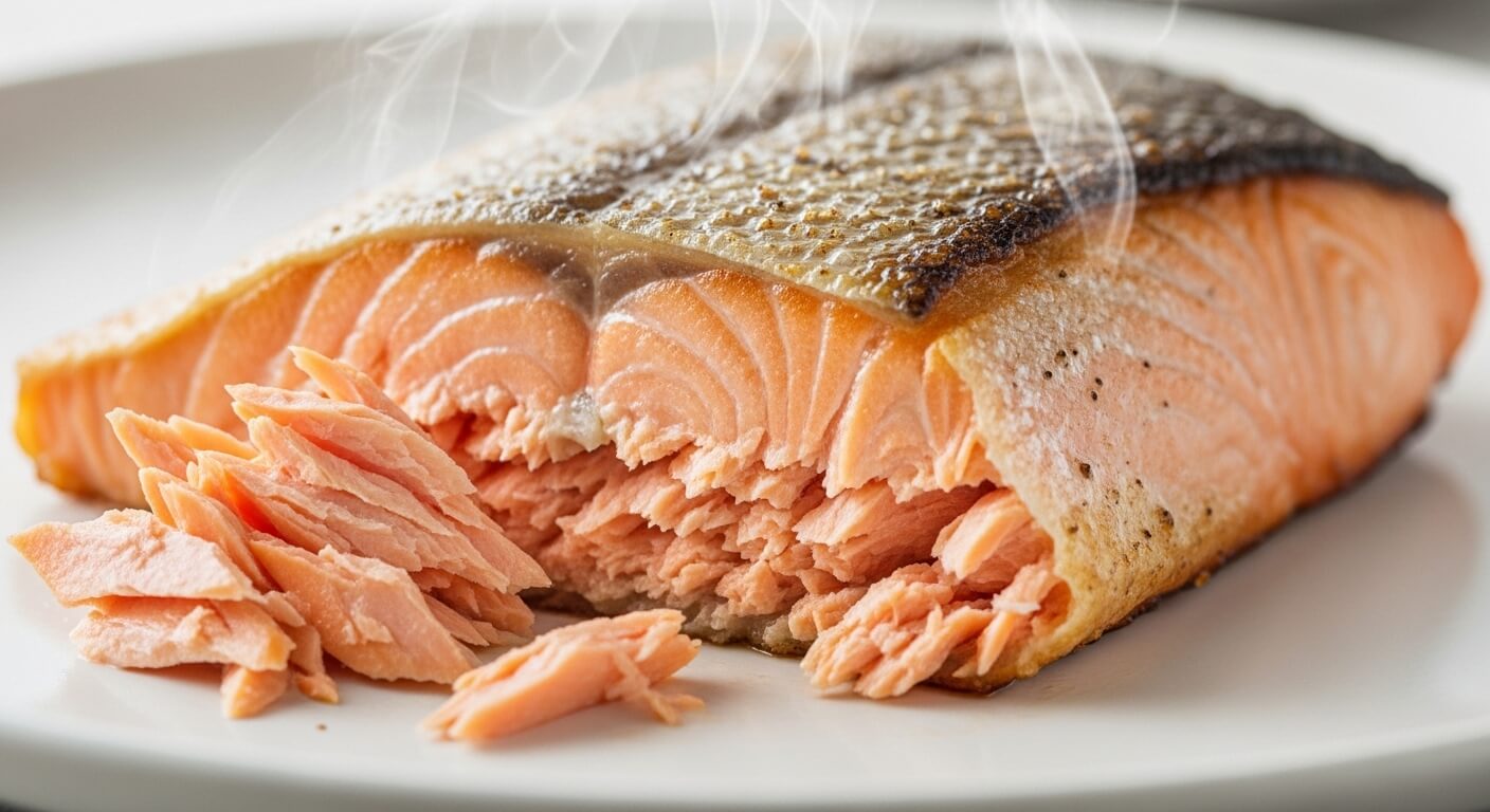 Close-up of a steaming cooked salmon fillet with crispy skin on a white plate