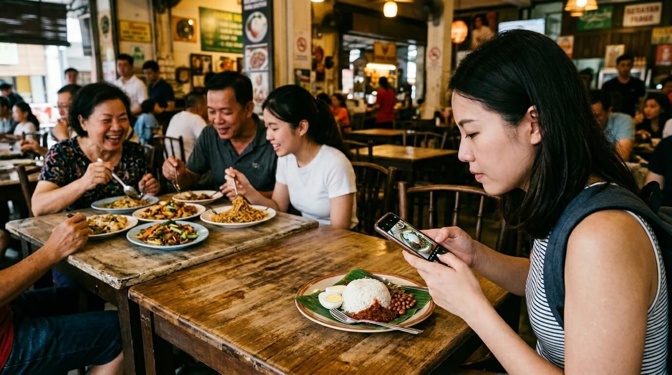 Woman taking a photo of a plate with rice, egg, and peanuts in a busy Asian restaurant with diners eating at nearby tables.