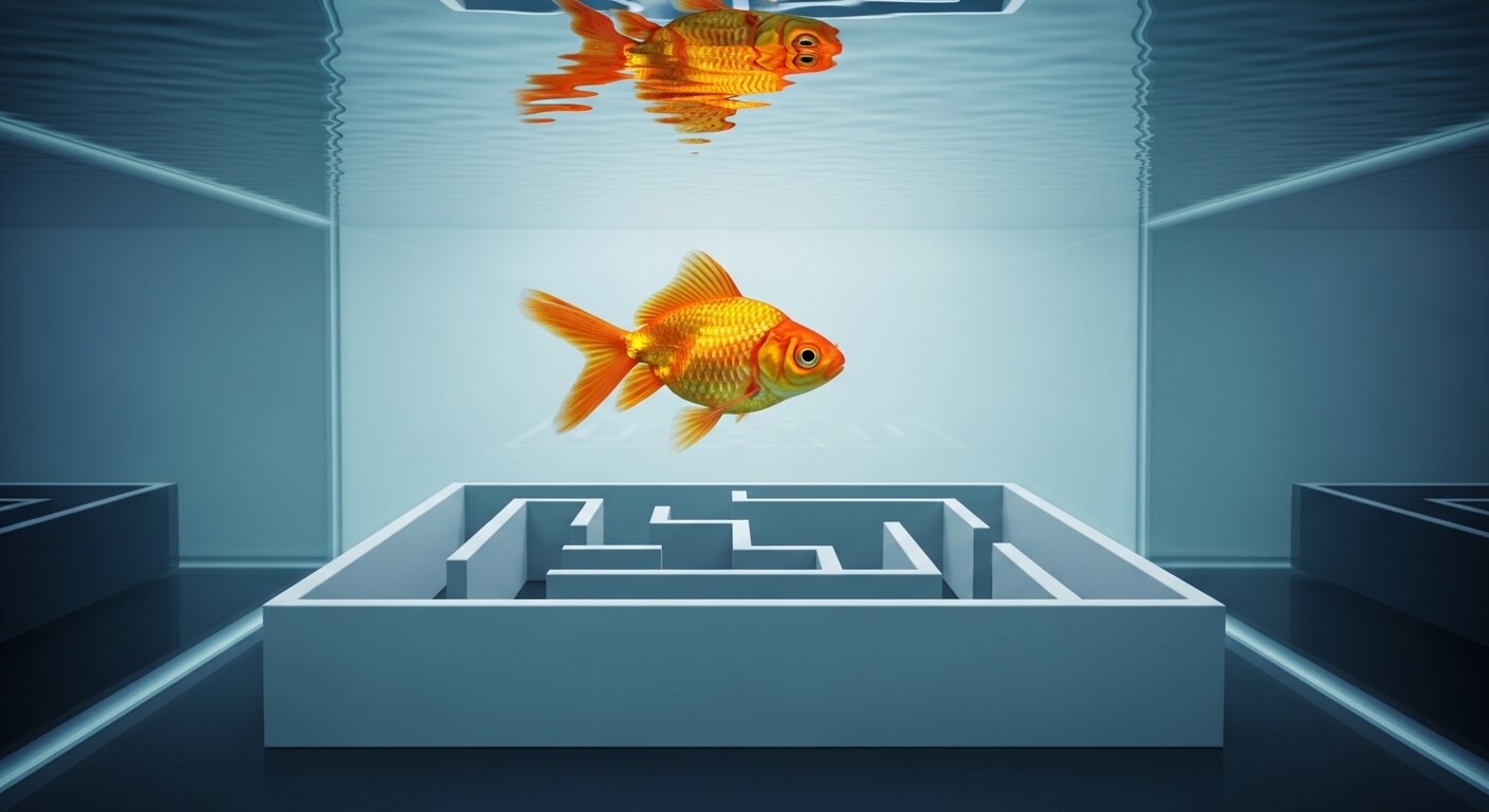 Goldfish swimming above a small white maze in a reflective glass tank.