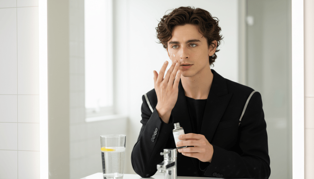 Young man applying facial serum in front of a bathroom mirror with a glass of water and lemon nearby