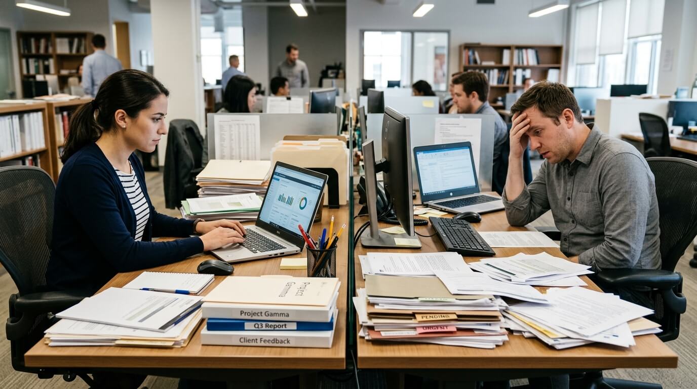 Two office workers at cluttered desks, one focused on laptop with charts, the other stressed with hand on forehead.