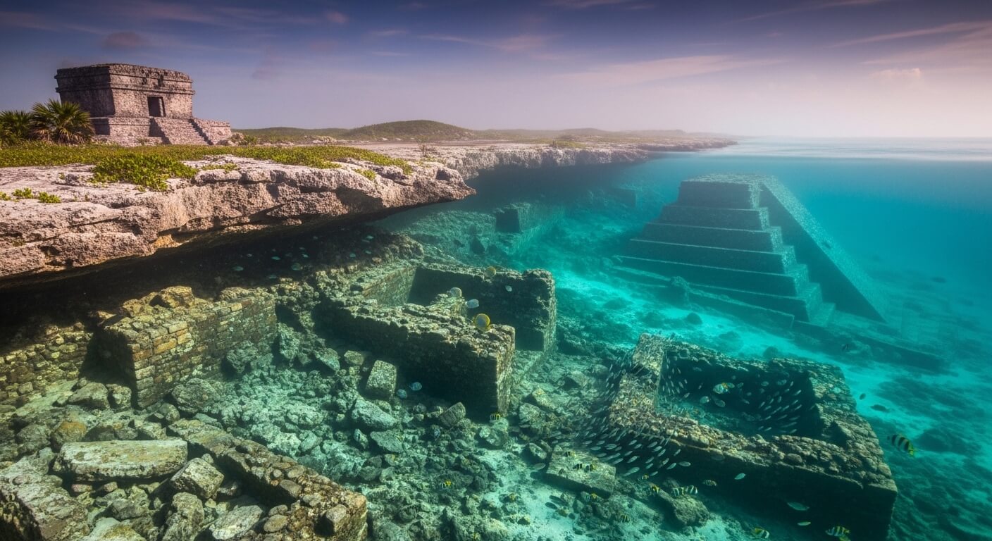 Partially submerged ancient stone ruins with a stepped pyramid underwater near a rocky coastline.