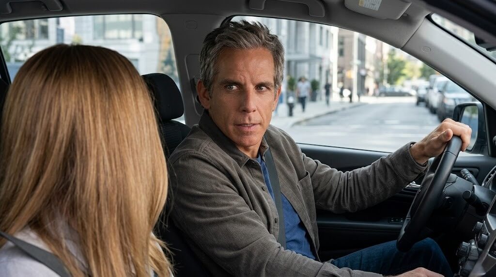Ben Stiller driving a car and looking at a woman passenger in an urban setting.