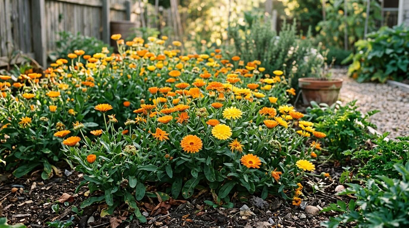 Orange and yellow calendula flowers blooming in a garden bed with green foliage and a wooden fence background.
