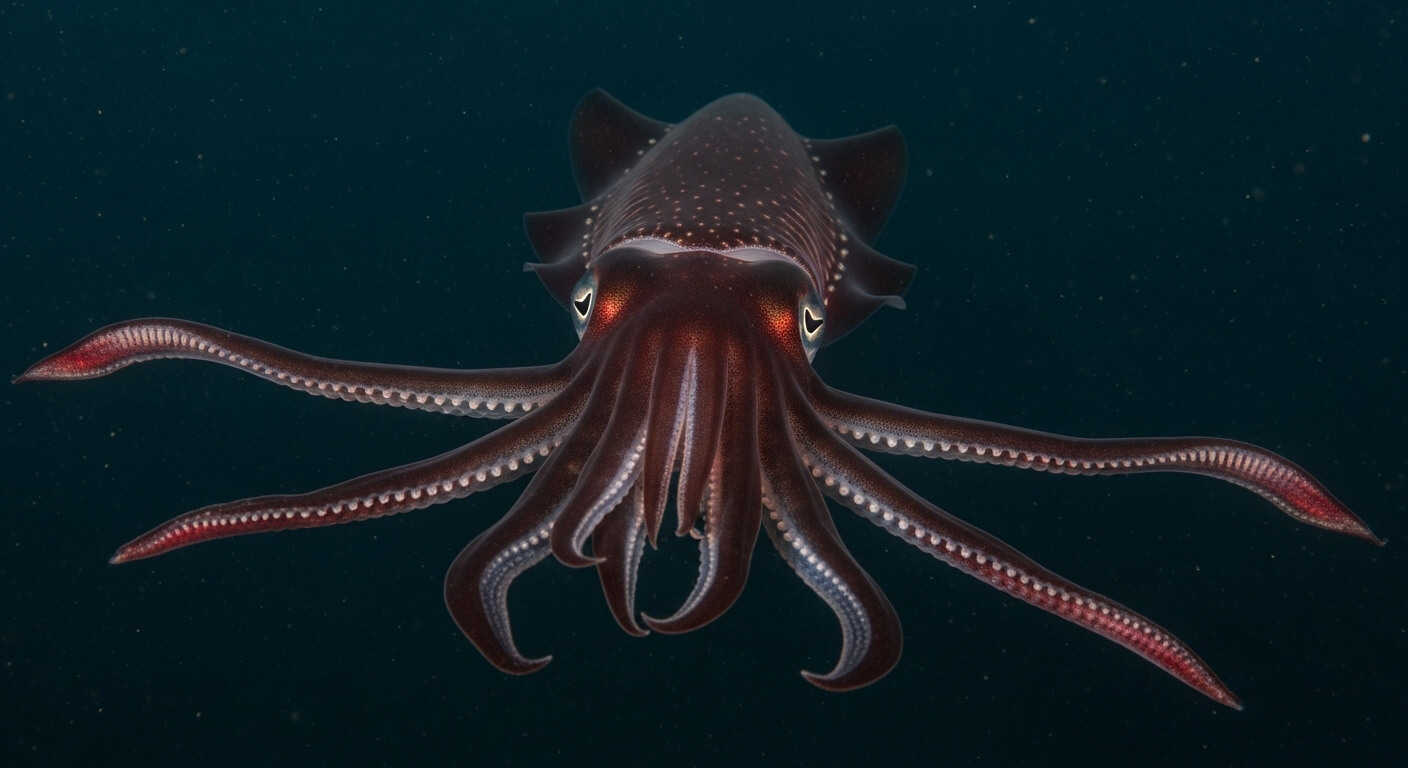 Deep-sea squid with extended tentacles and bioluminescent spots swimming in dark ocean water